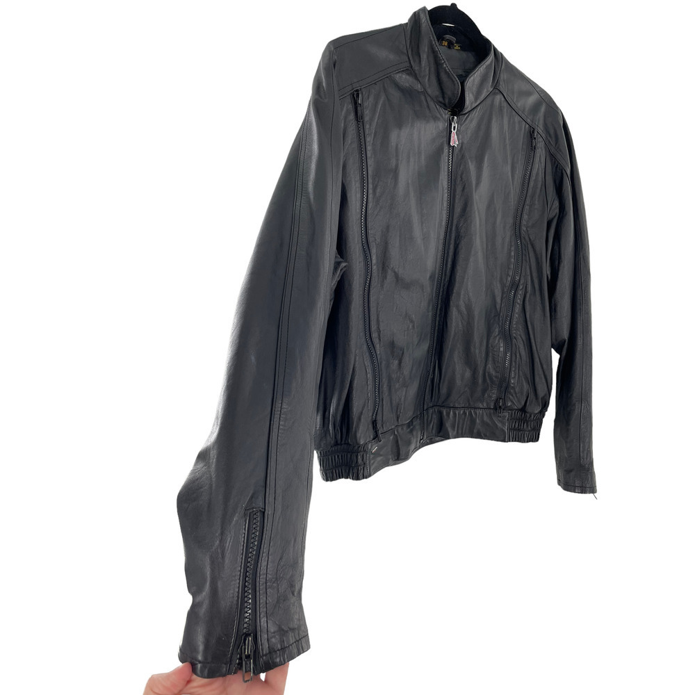 Hein Gerickle Mens Leather Moto Jacket Mock Neck Long Sleeve Size 38 Black - Picture 5 of 9